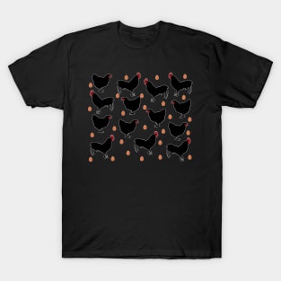 Chickens, cockerels and eggs on a black backround T-Shirt